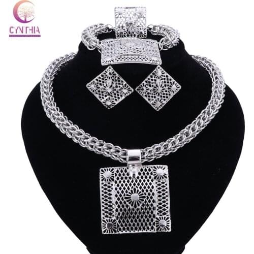 High Quality Fashion silver Color Elegant Wedding Bridal Luxury Jewelry Sets Necklace Earrings Bracelet Ring Sets