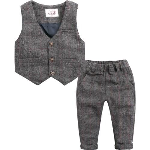 High quality Spring autumn boys lattice Suits Blazers casual suit 2pc(Vest + pants)Evening Wedding Dress Clothing Children Set
