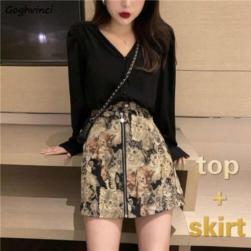 Women Sets Long Sleeve Top and Mini Skirt V-neck Cat Print Sexy Females Leisure Chic Trendy Slim Cool Street Club Hip Fashion