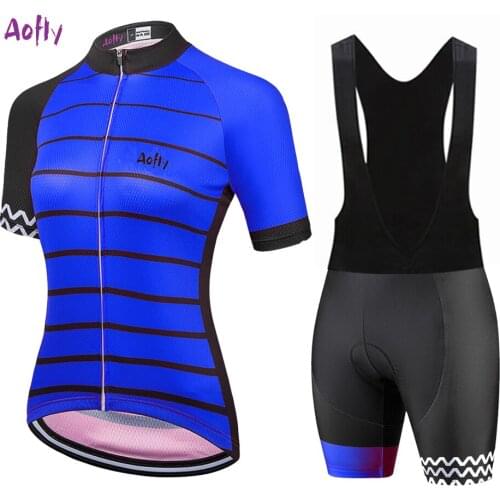 2021 Women‘s Blue Cycling Jersey Bib Sets Aofly Bike Clothing Ropa Ciclism Bicycle Sportswear Go Pro Short Maillot Mujer Summer