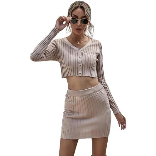2021 Summer Knit Sweater Skirt Suit Solid Color Temperament Commuter Knitted Long-Sleeved Short Slim Slimming