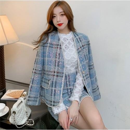 High Quality New 2021 Elegant Women Autumn Winter Tweed 2 Piece Set Lady Fashion Sequins Embroidery Plaid Coat+Mini Skirt Suit