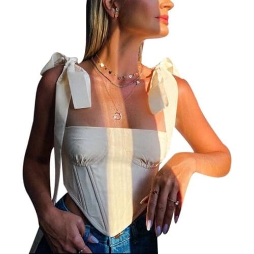 Women Tie Up Strap Crop Top Sexy Square Neck Solid Boned Corset Camisole Bustier Q39C