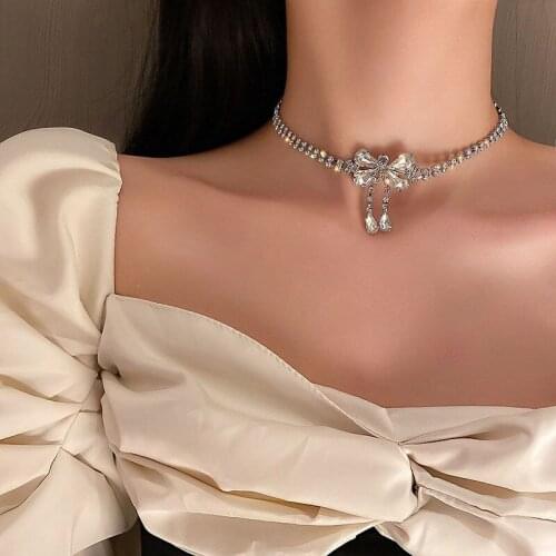 12pcs/lot Cute Bowknot Crystal Necklace for Women Weddings Banquet Exquisite Tassel Geometric Jewelry Sets
