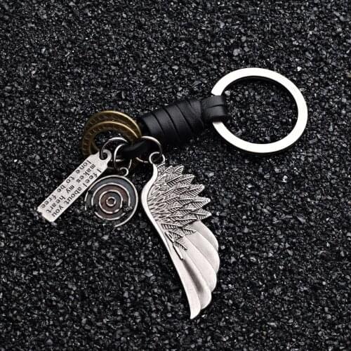 2021 Fashion Jewelry Vintage silver Genuine Leather wings Keychain charm jewelry Handwork weave Alloy Accessories Men Key Chain