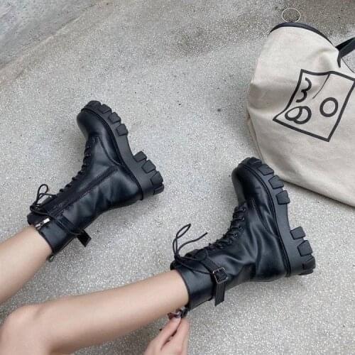 Womens High Boots 2021 Black Platform Combat Ankle Boots for Women Lace Up Buckle Strap Woman Shoes Winter Biker Boots