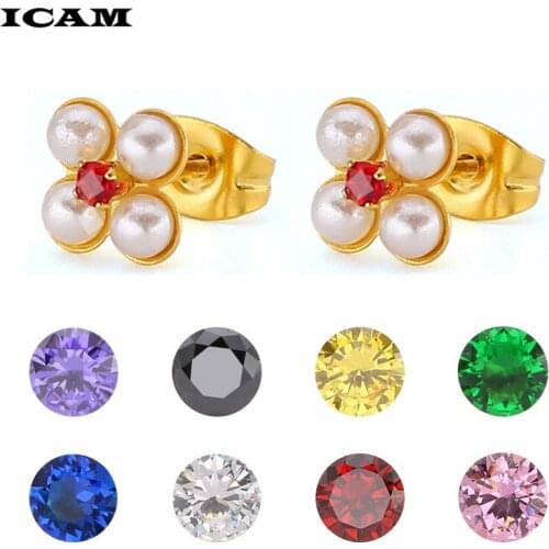 ICAM Flower Stud Earrings Titanium Stainless Steel Inlaid Zircon Pearl Earrings Rose Gold Color Fashion Trendy Women Jewelry