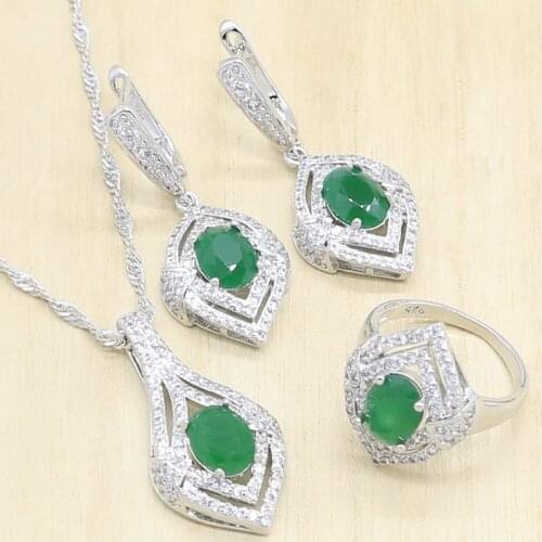 Women Silver Color Jewelry Sets Earrings Ring Pendant Necklace Set Green Crystal 5 Colors