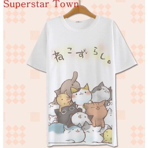 Summer Harajuku Shirt Neko Atsume Anime Cartoon Japanese Kawaii Clothes Casual Female T-shirt Cat Tops Tee Lolita Vestidos