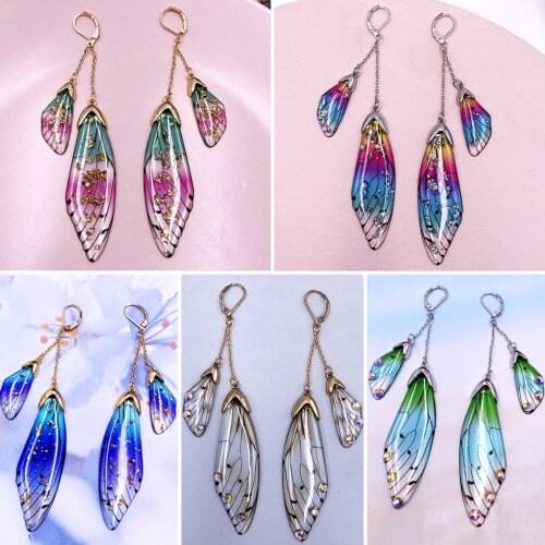 Sweet Fairy Cicada Butterfly Wings Earrings Fantasy Tassel Jewelry Gradient Colorful Rhinestone Sequins Long Drop Earrings