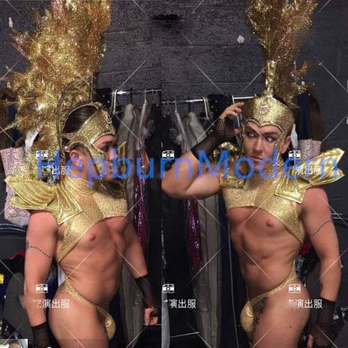 Model Catwalk luxy Nightclub Party DS stage Dance Team Guest Muscle Male Indian Roman Theme Golden Sexy Set Costume