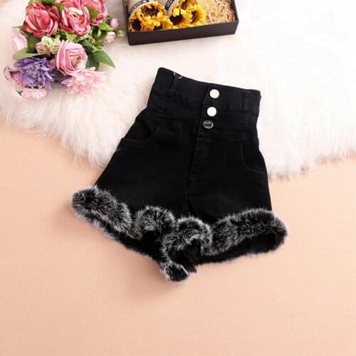 Fashion high-waisted fur shorts womens rabbit fur patchwork all-match jeans with fur