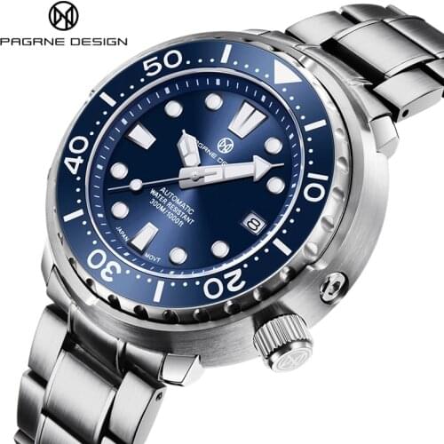 PAGRNE DESIGN Diver Mens Watch 300m Waterproof NH35 Mechanical Watch Top Brand Sapphire Glass Automatic Watch Relogio Masculino
