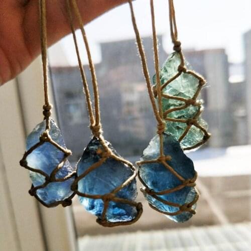 Natural Quartz Crystal Stone Blue-green Fluorite Treatment Stone Fluorite Ornament Fluorite Pendant With Hand-woven Braided Rope