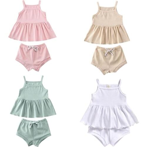 New 2pcs New Bron Baby Girl Clothes Solid Sleeveless Vest Tops Dress+shorts Pants Summer Baby Cloth Set Pajamas Outfit 0-24m