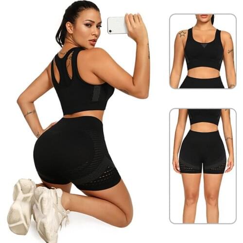 SALSPOR Seamless Set Women Fitness Shockproof Push Up Bra Female High Waist Knitting Fitness Shorts Suit Hollow Out Set Feminine