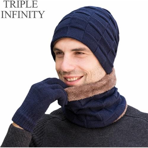 TRIPLE INFINITY Skullies Beanies Male Winter Hat Cap Windproof Men Knitted Hats Ear Protection Thick Brimless Bonnet Warm Suits