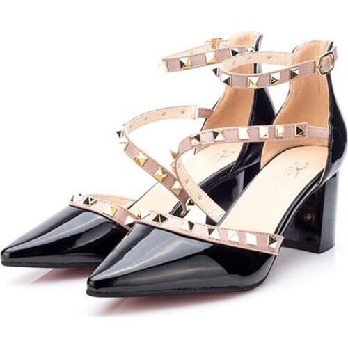 2020 NEW summer Thick with shoes woma Women Pumps brand OL Rivet high heels pointed buckle single shoes professional shoes