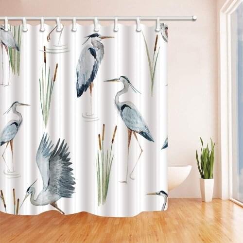 Water Birds Shower Curtains Watercolor Flying Crane with Plants Polyester Fabric Waterproof Bathroom Bath Curtain