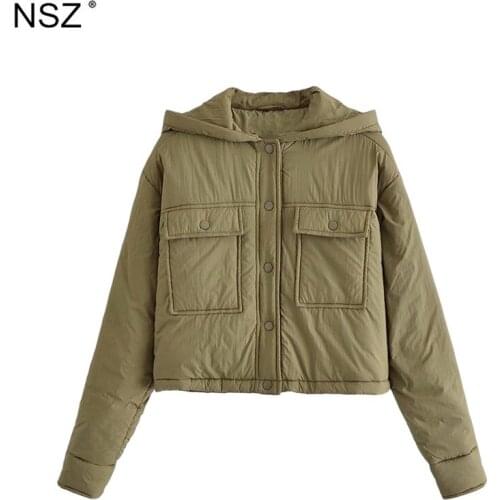 NSZ Women Oversized Quilted Coat 2021 Autumn Winter Large Size Loose Added Cotton Crop Top Jacket Hooded Outerwear ArmyGreen
