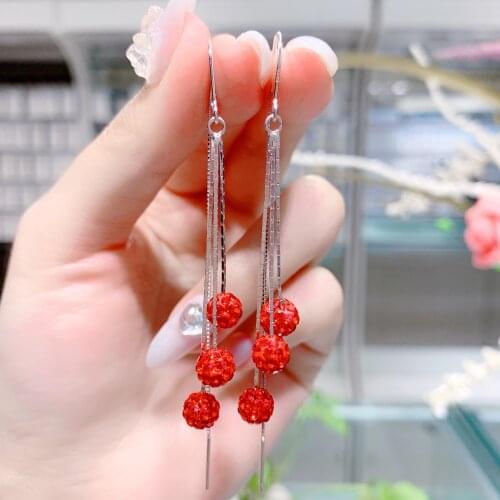 Silver 925 Earrings Red Ball Piercing Ear Cuffs Long Tassel Earrings for Women 2021 Trend Fine Jewelry 925 Silver Earrings