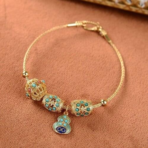 Natural Hetian Jade S925 Sterling Silver Enamel Cloisonne Vintage Court Style Hollow-out Elegant Turquoise Ladies' Bracelet
