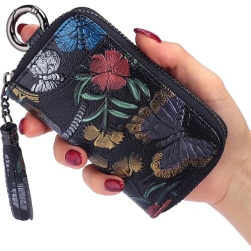 Woman Key Holder Keychain Pouch Purse Zipper Design Coin Purse Pocket Cash Walet Slim Vallet Flower Genuine Leather Key Wallet