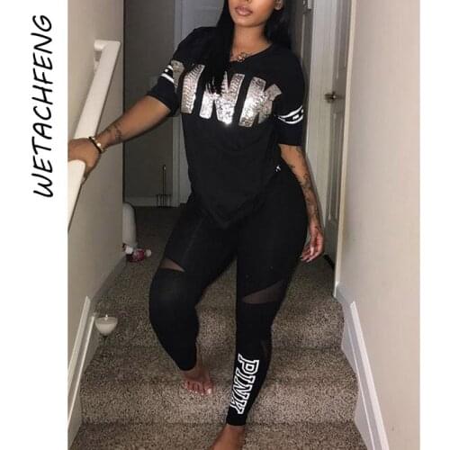 Black Two Piece Set Women PINK Letter Summer Tops And High Waist Pants Sportswear Slim Outfits 2021 New Plus Size Feamle Clothes