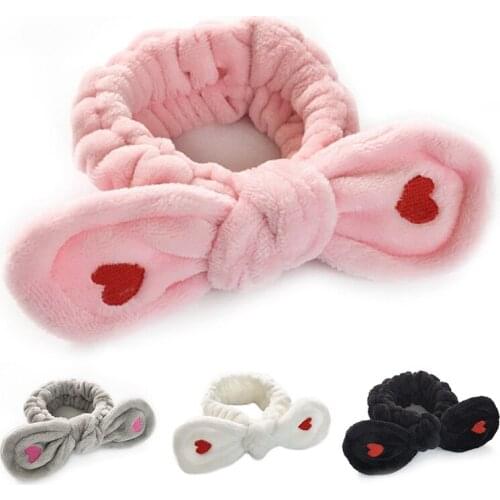 Autumn Winter Rabbit Ear Headband For Women Wash Makeup Soft Cotton Warm Turban Cute Red Heart Girls Elastic Hair Bands