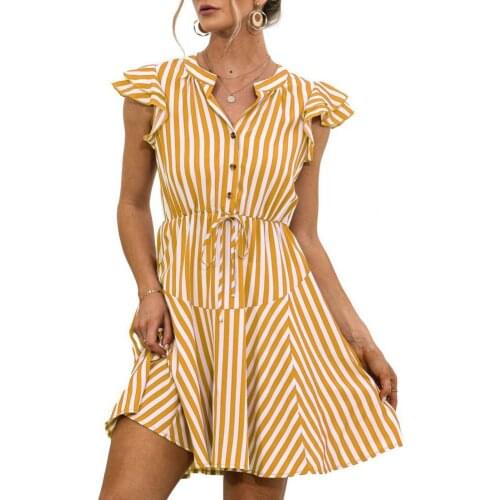 Summer Female Shirt Dress Half Placket Stripe Flying Sleeve V Neck Lace-up Waist Tied Mini Dresses for Women 2021