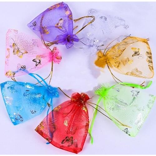 100pcs/lot 10x12cm Drawstring Bags Purple Butterfly Wedding Candy Jewelry Packing Drawable Organza Bags Party Gift Bags Pouches