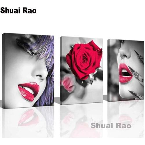 5d cross stitch diy diamond painting rose Red lips daimond painting mosaic embroidery diamond full round square drilling 3 pcs