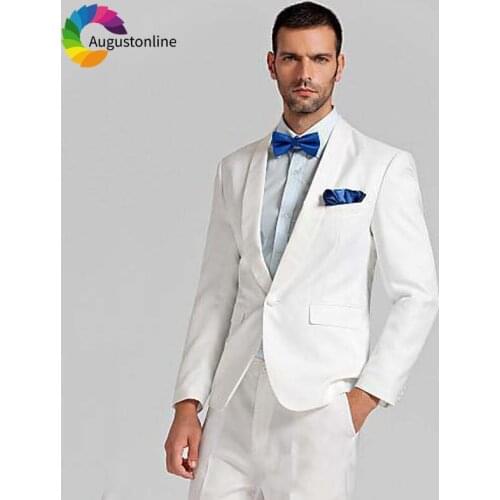 White Wedding Men Suits Tuxedos Shawl Lapel Groom Wear 2 Pieces (Jacket+Pants) Slim Fit Terno Bridegroom Blazer Costume Homme