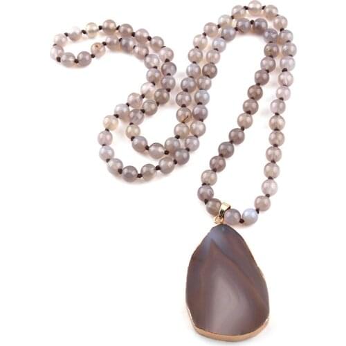 Free Shipping Fashion Bohemian Tribal Jewelry 8mm Stones Long Knotted Stone Agat Drop Pendant Necklaces