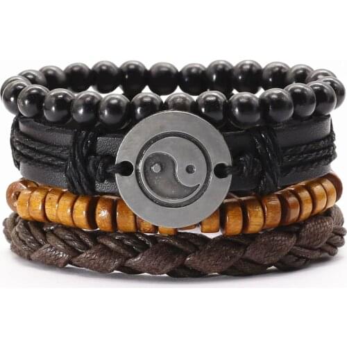 Taichi Ethnic Handmade Khaki New Punk 4 pcs/set Vintage Wood Beads Charm Leather Bracelets Men Bracelets Women Homme Jewelry