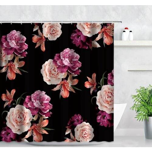 Floral Shower Curtains Pink Flowers Yellow Sunflower Green Leaves Black Background Modern Waterproof Bathroom Decor Curtain Sets