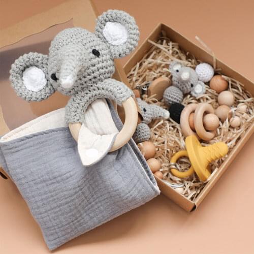 Amigurumi Baby Teether Rattle Crochet Elephant Bell Cotton Baby Bibs Pacifier Clips Chain Accessories For Kids Product Toys Gift