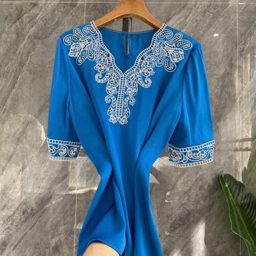 European goods mulberry silk embroidery V-neck short-sleeved silk shirt women top silk shirt women silk shirt women Tops Blouse