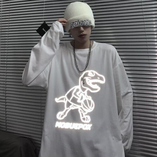 Dinosaur Reflective Tshirt Streetwear Men Hip Hop Oversize Sweatshirt Japan Harajuku Tops Casual White Autumn Rock T Shirt Male