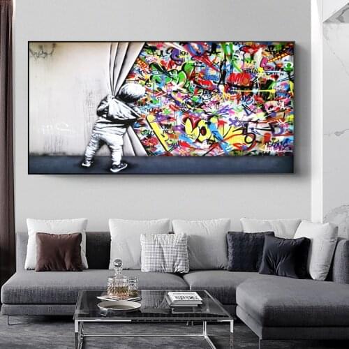 Kids Behind the Curtain Graffiti Art Painting on Canvas Posters and Prints Street Wall Picture for Living Room Cuadros Decor