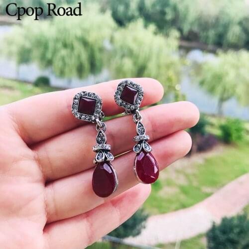 Cpop New Vintage Water Drop Boho Ear Clip Black Red Stone Zircon Pendant Luxury Earrings Fashion Jewelry Personality Accessories