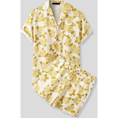 Men Hawaiian Sets 2 Pieces Yellow Button Printing Short Sleeve Shirt Beach Shorts Streetwear For Casual Outdoor Mens Beach Sets