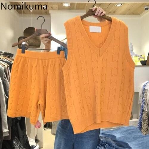 Nomikuma Knitted Twisted 2pieces Suits Sleeveless V-neck Pullover Vest + High Waist Sweater Shorts 2021 Spring Korean Sets 6E346