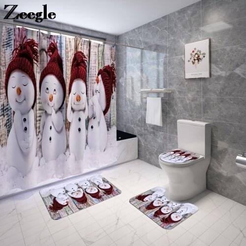 Snowman Printed Bath Mat and Waterproof Shower Curtain Mat Bathroom Decor Toilet Carpet Anti-Slip Floor Mat Toilet Seat Cushion