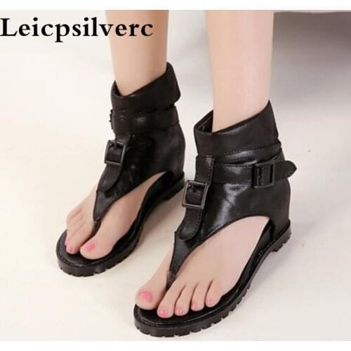 Summer comfort Rome flat women sandals belt buckle high profile black leather retro women shoes