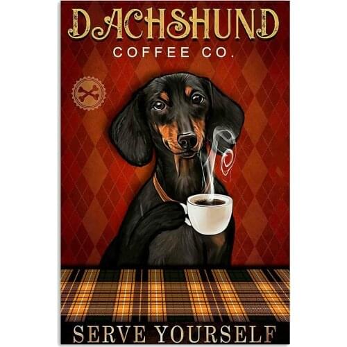 Dachshund Coffee Co Serve Yourself Retro Tin Sign for Street Garage Family Cafe Bar Door Wall Decorator Metal Tin Sign 8x12inch