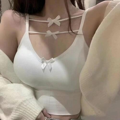 Sweet Knitting Crop Tops Womens Sexy Slim Tank Tops Hot Erotic Camis Cropped Korean Femme Spaghetti Strap Cami Backless Bow