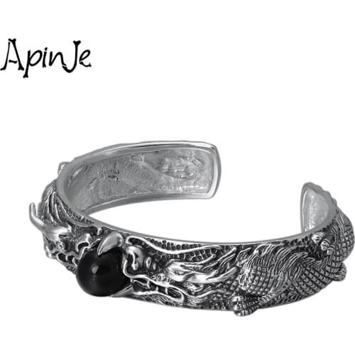 Apinje Stone Jewelry Vintage 925 Sterling Silver Bangle for Men Dragon Fashion Thai Silver Trendy Bangles
