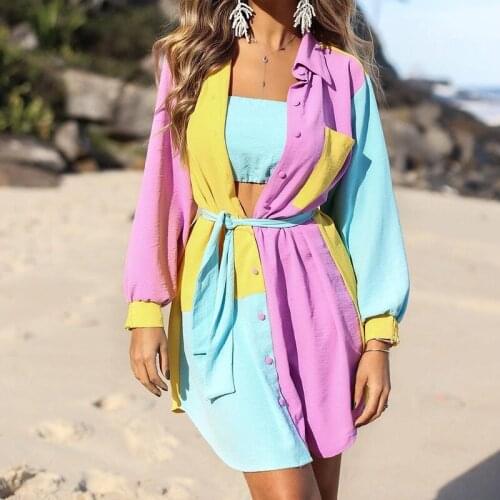 Autumn pink yellow patchwork mini shirt dress robe automne femme Long sleeve button up turn-down collar safari dress with sashes