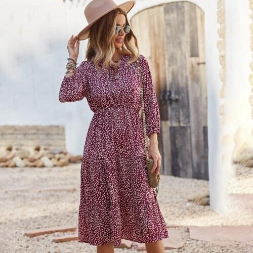 3 Colors Autumn Fashion Print Casual Vacation Maxi Dress Long Sleeve V-neck Bandage A-line Dress High Waist Slimming Beach Robe